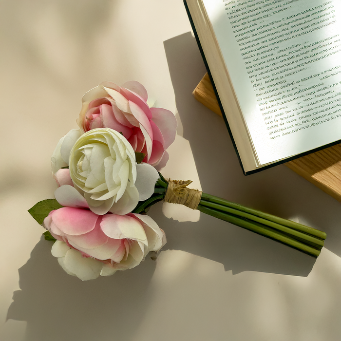 Timeless Elegance: A Delicate Bouquet of 13 Pink and White Ranunculus