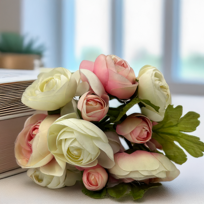 Timeless Elegance: A Delicate Bouquet of 13 Pink and White Ranunculus