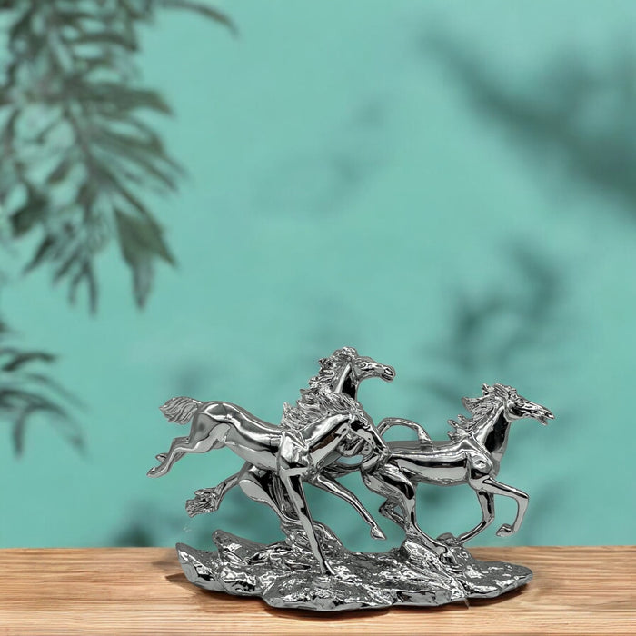 Silver Stallion Trio: Silver Running Horses Sculpture-Modern Indian Home Décor | Decor Paradise