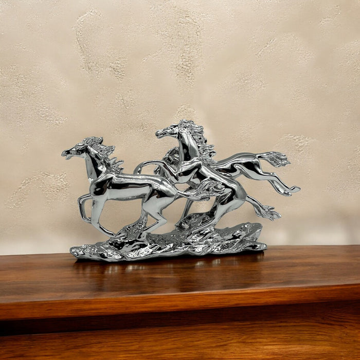 Silver Stallion Trio: Silver Running Horses Sculpture-Modern Indian Home Décor | Decor Paradise