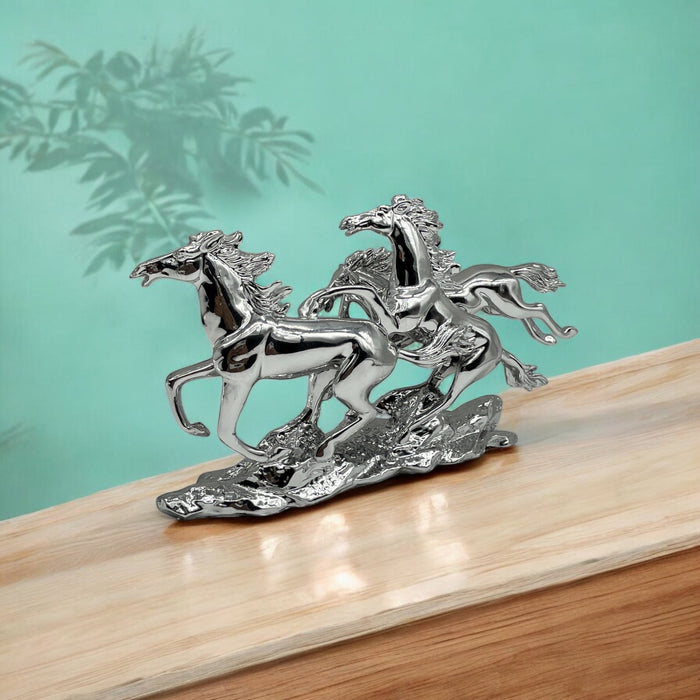 Silver Stallion Trio: Silver Running Horses Sculpture-Modern Indian Home Décor | Decor Paradise