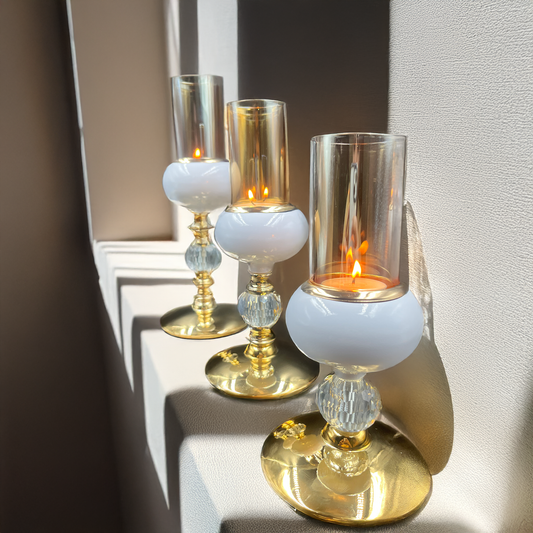 Luxurious Gold and White Glass Candle Holder Set of 3