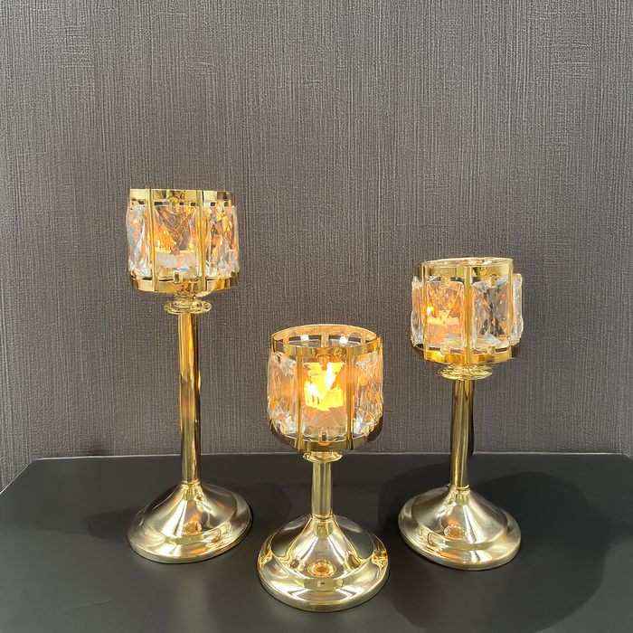 Luxurious Gold and Crystal Candle Holder Set of 3