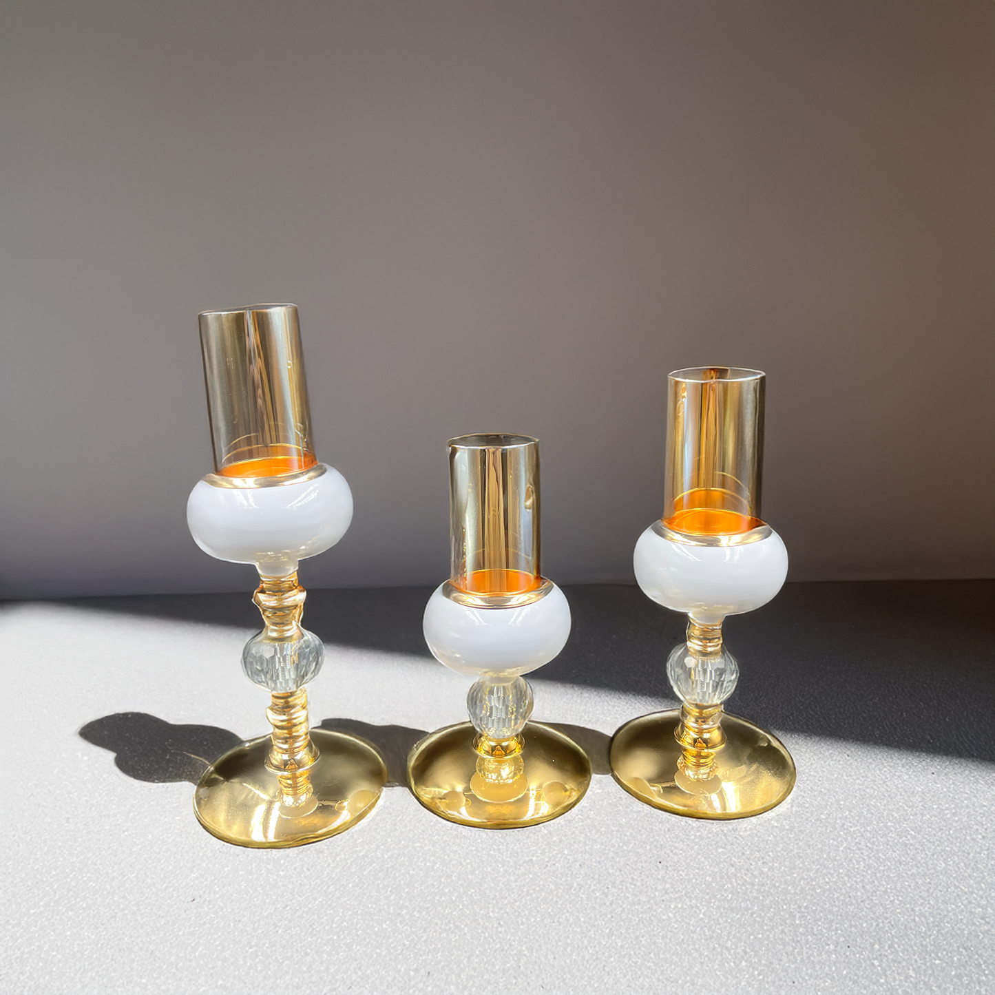 Luxurious Gold and White Glass Candle Holder Set of 3