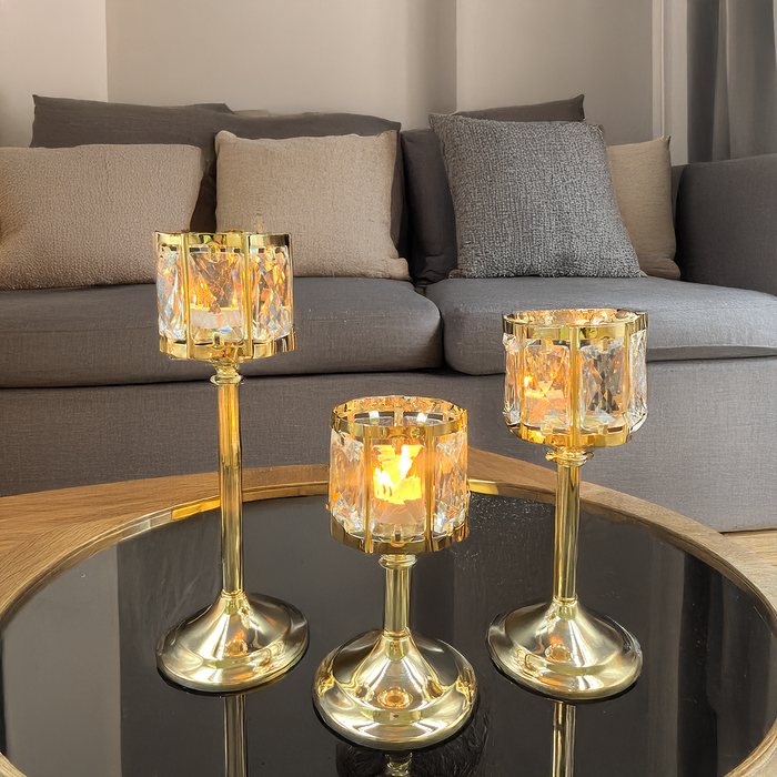 Luxurious Gold and Crystal Candle Holder Set of 3