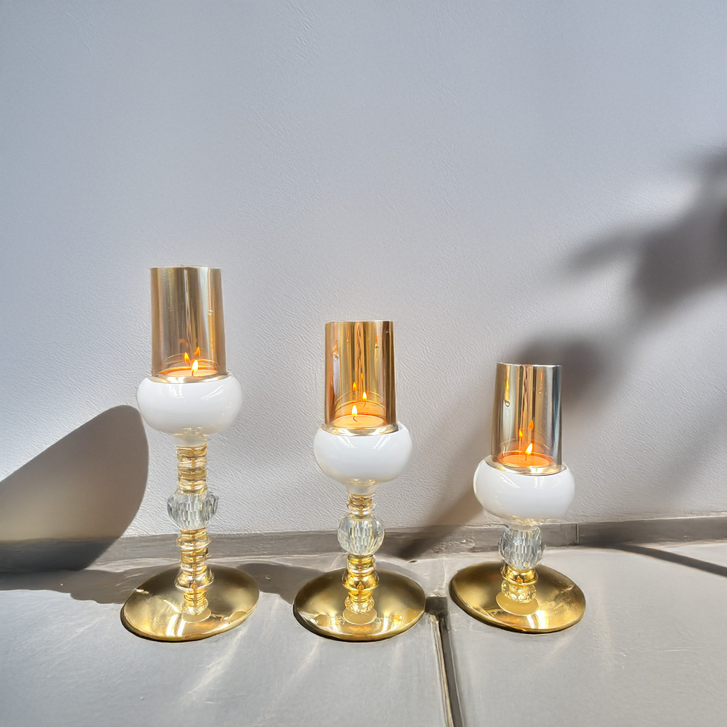 Luxurious Gold and White Glass Candle Holder Set of 3