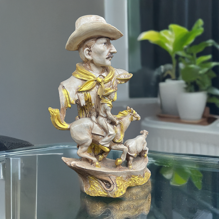 Rustic Western Cowboy Figurine with Golden Accents – Unique Decorative Statue