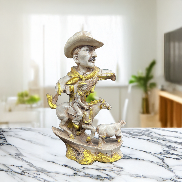 Rustic Western Cowboy Figurine with Golden Accents – Unique Decorative Statue